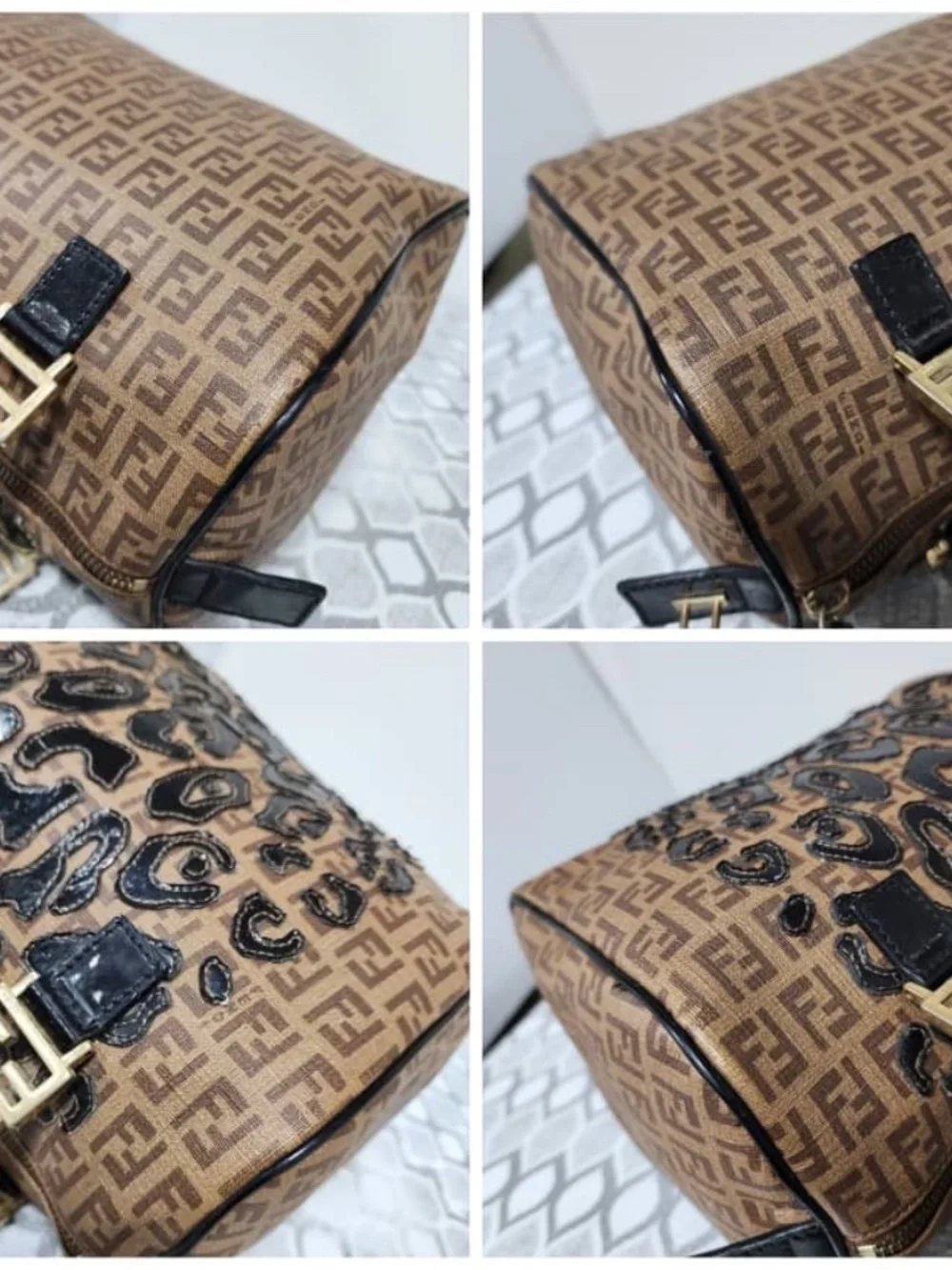 Authentic Fendi Zucchino Coated Canvas And Patent Leather Boston Bag Brown/Black